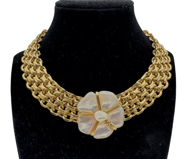 CHANEL Jewelry - Chanel Mother Of Pearl Camellia Gold Choker/Necklace